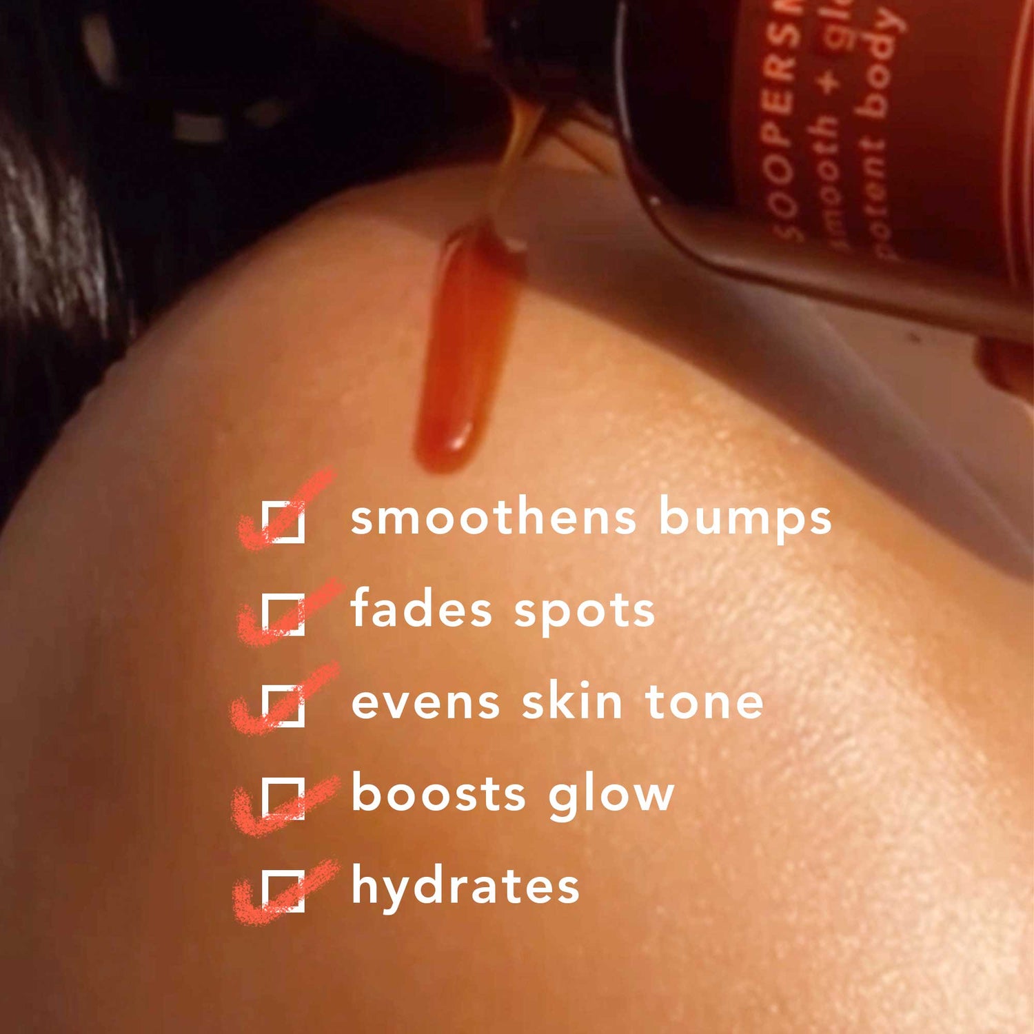 Boofootel Body serum smoothens bumps, fades dark spots, evens skin tone, boosts glow and hydrates.
