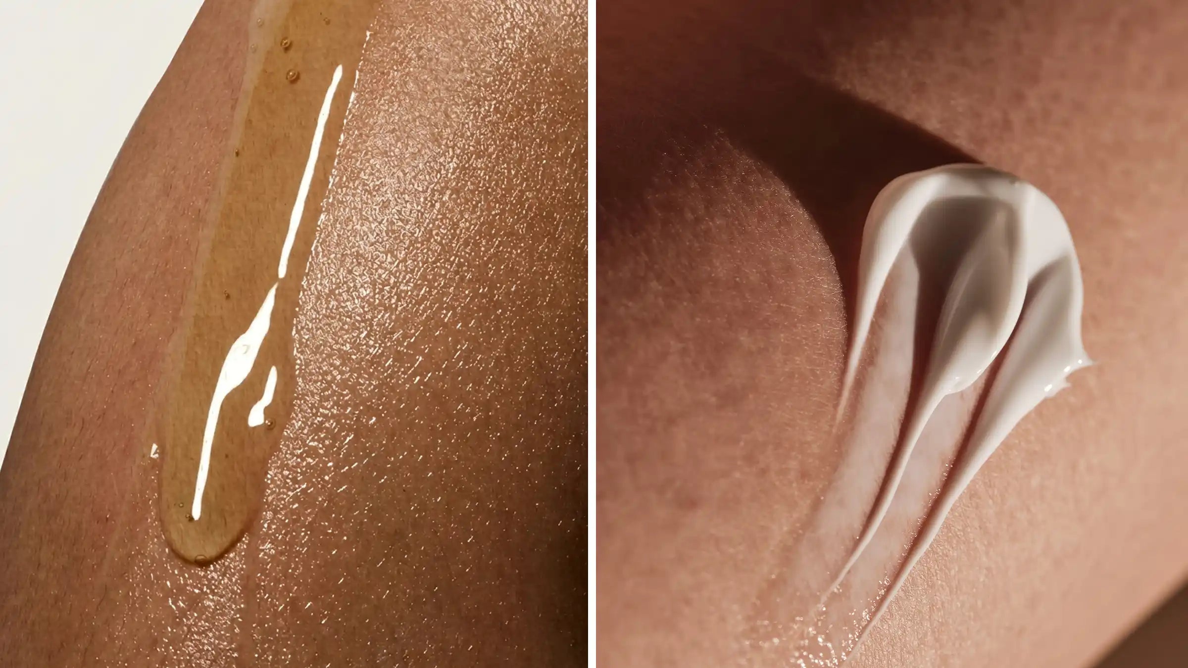 Body serum vs body lotion texture comparison on Indian skin — lightweight serum drops on the left versus thick lotion swipe on the right, showing why body serum absorbs deeper for Indian skin care