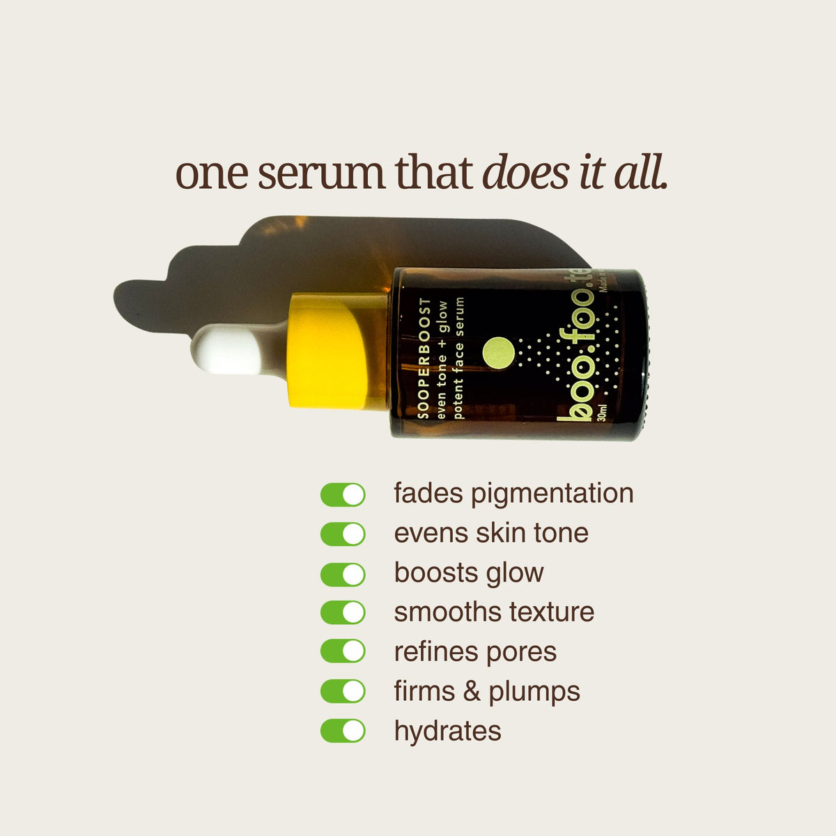 How to use Boofootel Sooperboost potent face serum: apply three to four drops to face and neck morning and night.