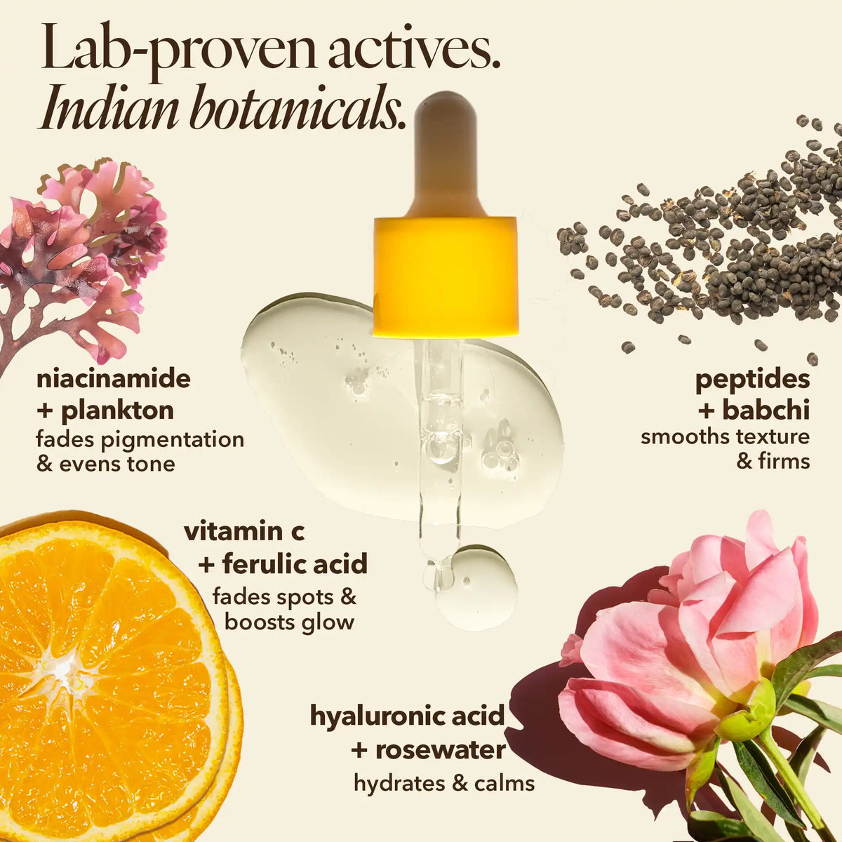 Sooperboost serum ingredients: stable vitamin C, niacinamide, peptides, babchi (bakuchiol), plankton and rosewater