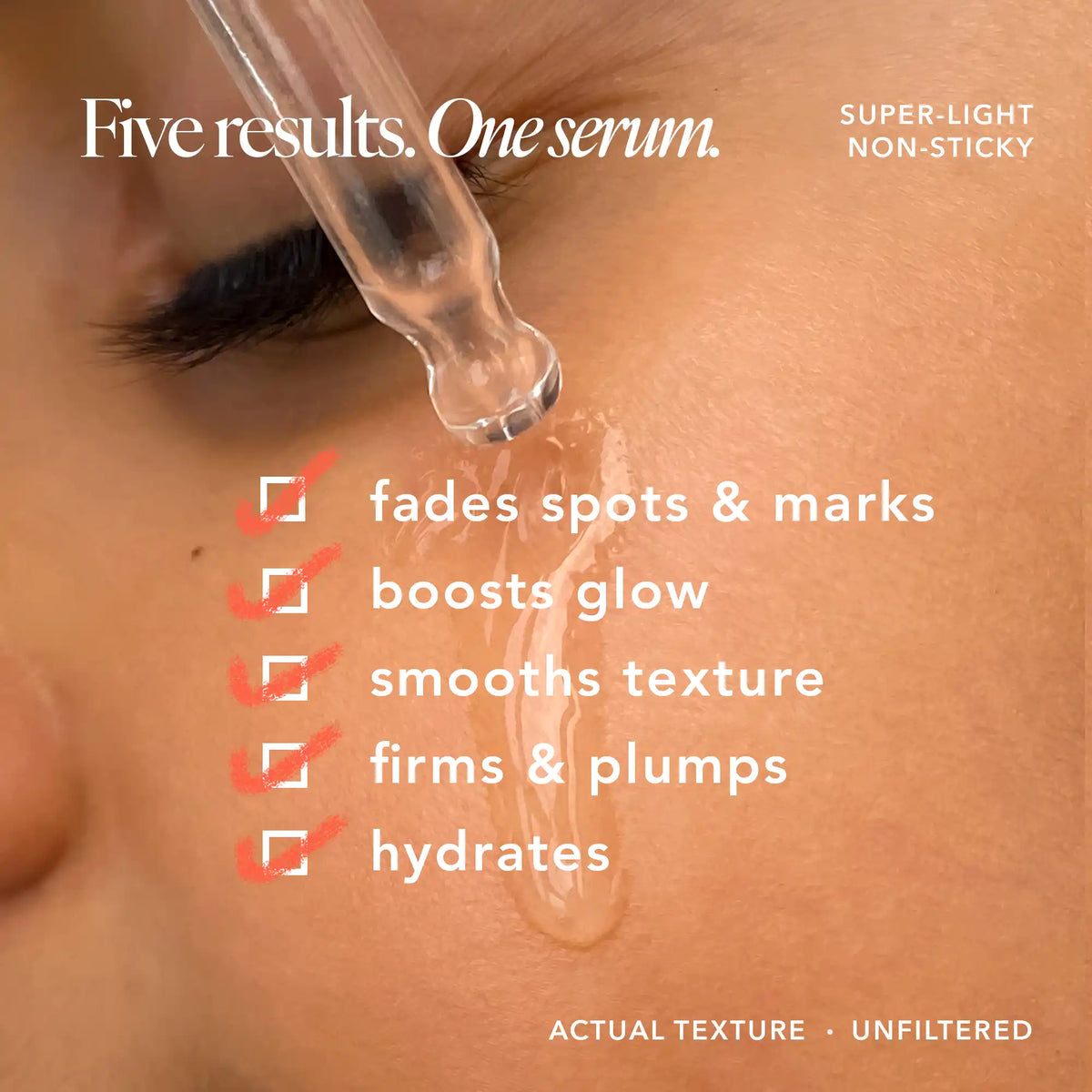 Lightweight, non-greasy Sooperboost serum dropped on cheek, fades acne marks, dark spots and pigmentation and evens patchy skin tone