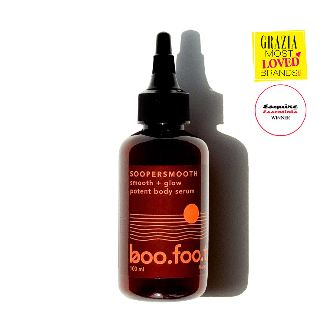 Boofootel Soopersmooth Body Serum is an award winning serum that smooths bumps, fades pigmentation, evens skin tone, retexturises rough skin and boosts glow