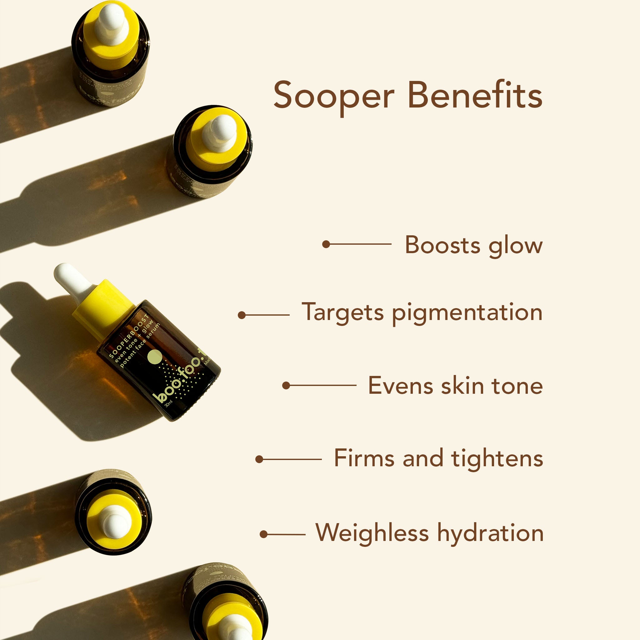 Sooperboost Face Serum boosts glow, targets pigmentation, evens skin tone, firms and tightens skin, provides weightless hydration