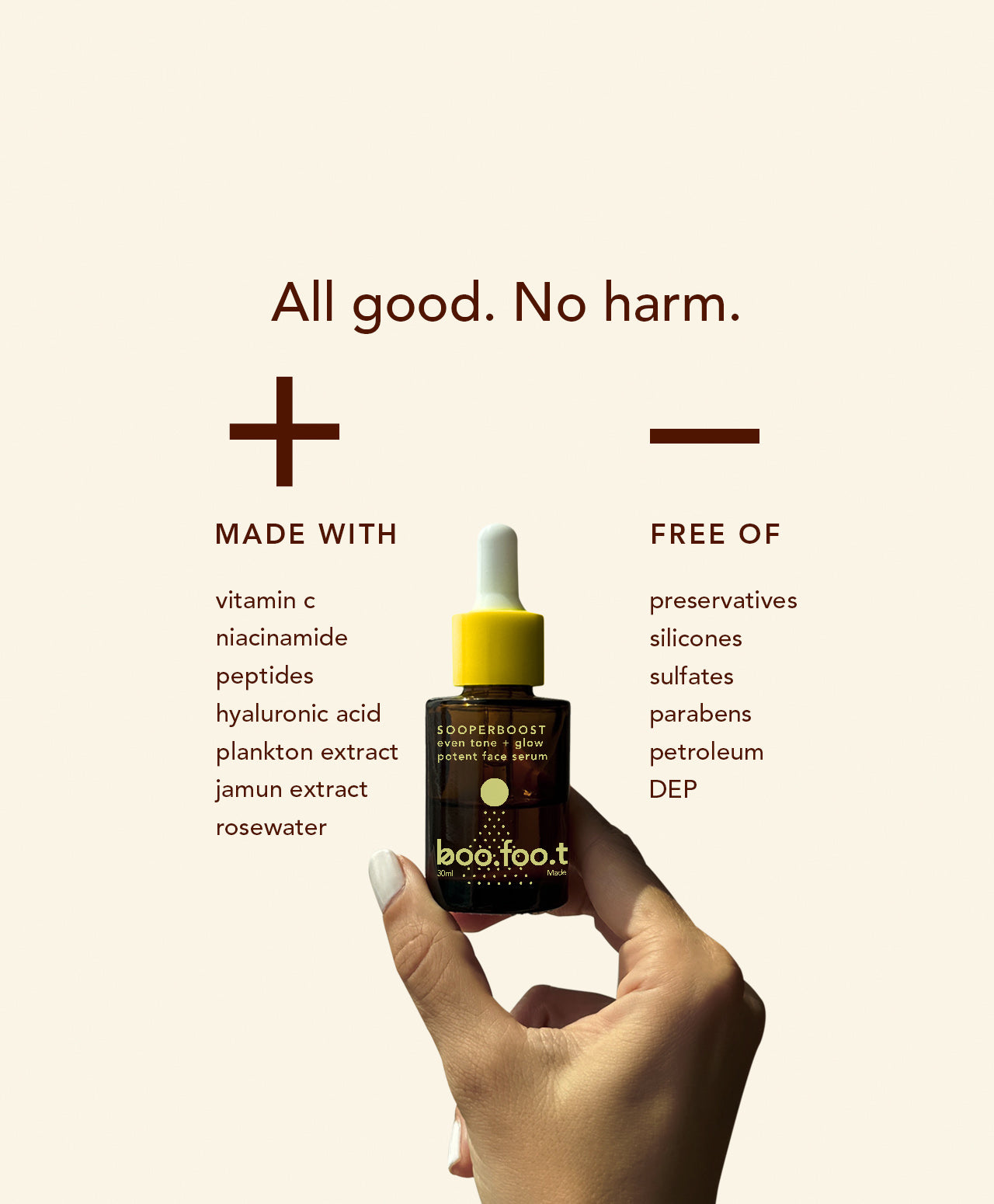 Sooperboost face serum is made wth vitamin c, niacinamide, hyaluronic acid, plankton extract, jamun extract and rosewater. It has no preservatives, no parabens, no silicones, no sulfates, no DEP