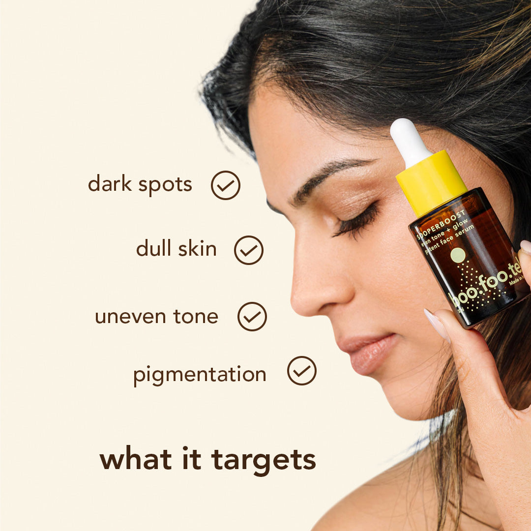Boofootel Sooperboost face serum targets dark spots, dull skin, uneven skin tone and pigmentation