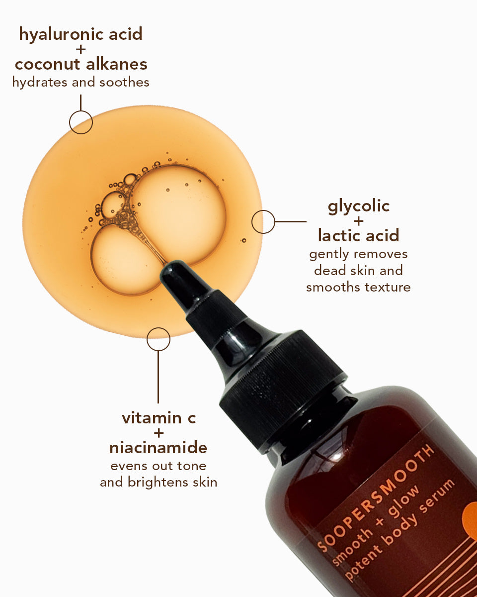 Boofootel Sooperboost exfoliates, hydrates and brightens with glycolic and lactic acid, vitamin c and niacinamide, hyaluronic acid and coconut alkanes