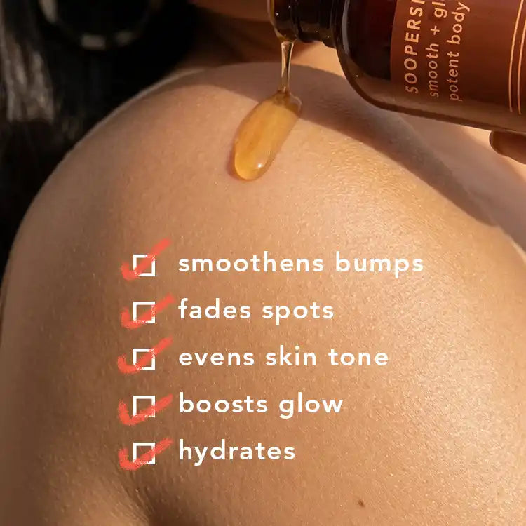 Boofootel Soopersmooth Body Serum for Indian skin that smooths bumpy skin, fades dark spots and pigmentation, evens skin tone, boosts glow and provides weightless hydration.