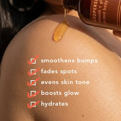 Boofootel Soopersmooth Body Serum for Indian skin that smooths bumpy skin, fades dark spots and pigmentation, evens skin tone, boosts glow and provides weightless hydration.