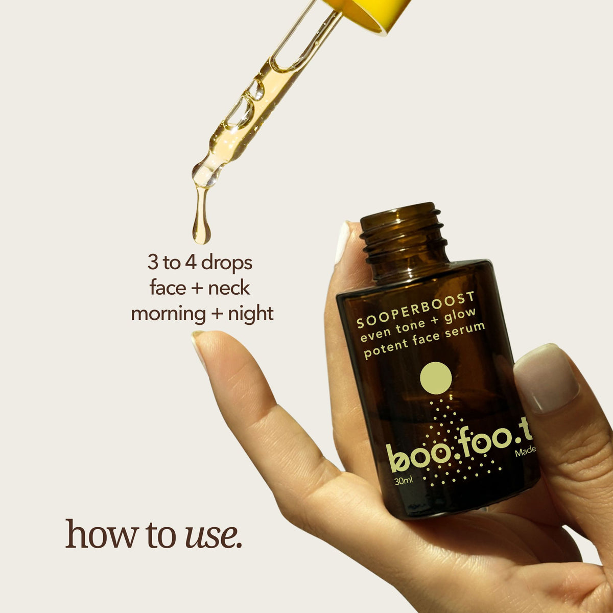 How to use Boofootel Sooperboost potent face serum: apply three to four drops to face and neck morning and night.