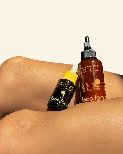 Boofootel Sooperboost face serum and Soopersmooth body serum formulated for hyperpigmentation, dark spots, and uneven skin tone in Indian skin.