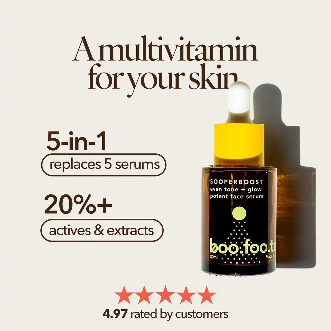Boofootel Sooperboost 30ml face serum with 12% vitamin C, niacinamide and peptides, a 5-in-1 multivitamin serum for skin