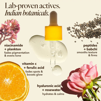 Sooperboost serum ingredients: stable vitamin C, niacinamide, peptides, babchi (bakuchiol), plankton and rosewater